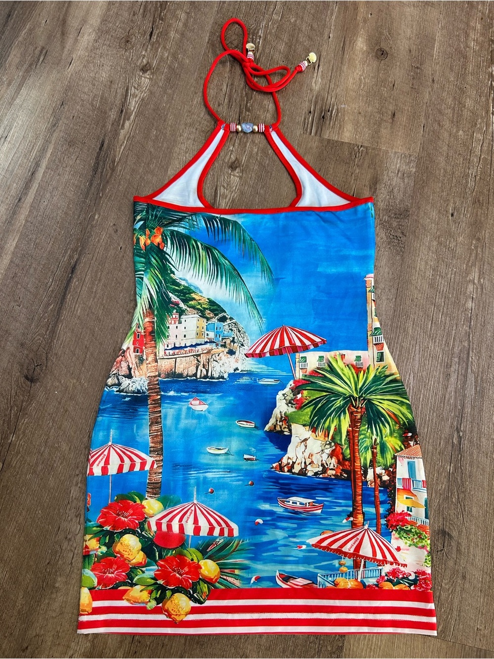 Kulani Kinis Blue Tropical Halter Mini Dress with Red Trim - Picture 6 of 7